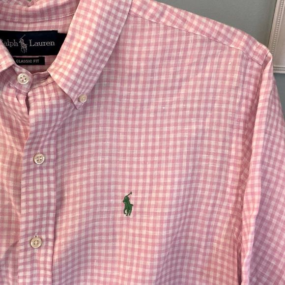 Ralph Lauren Pink & White Checked Linen Classic Fit Shirt Size Large - Picture 4 of 10